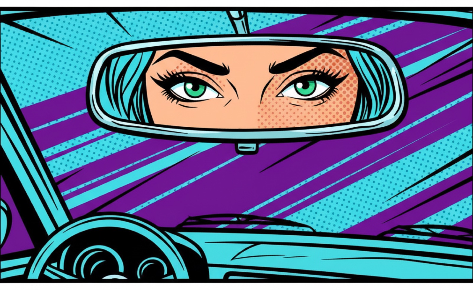Pop-art panel of a driver's eyes in a rear-view mirror, teal and purple halftone