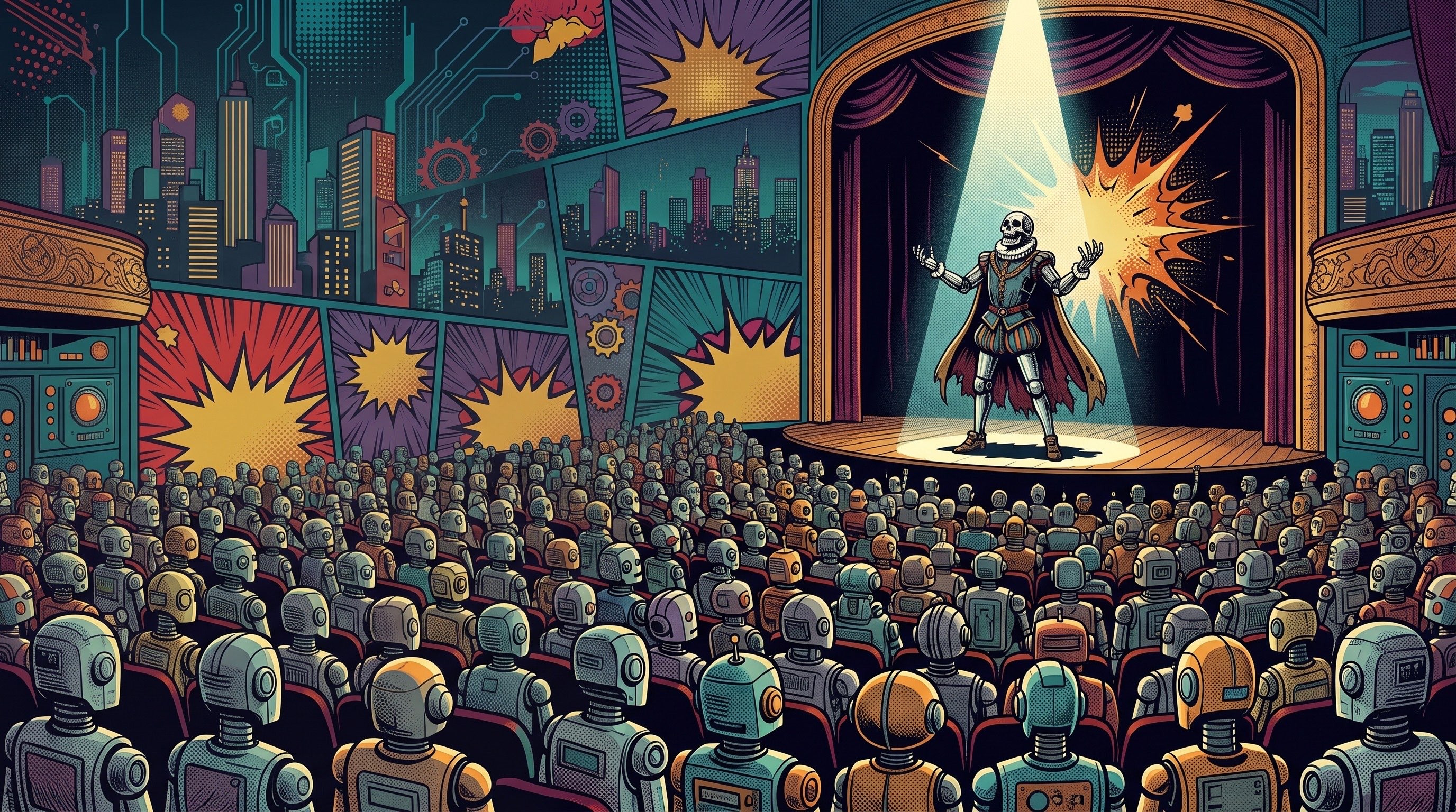 Pop-art theater stage with skeleton warrior speaker and robot audience, comic book style illustration